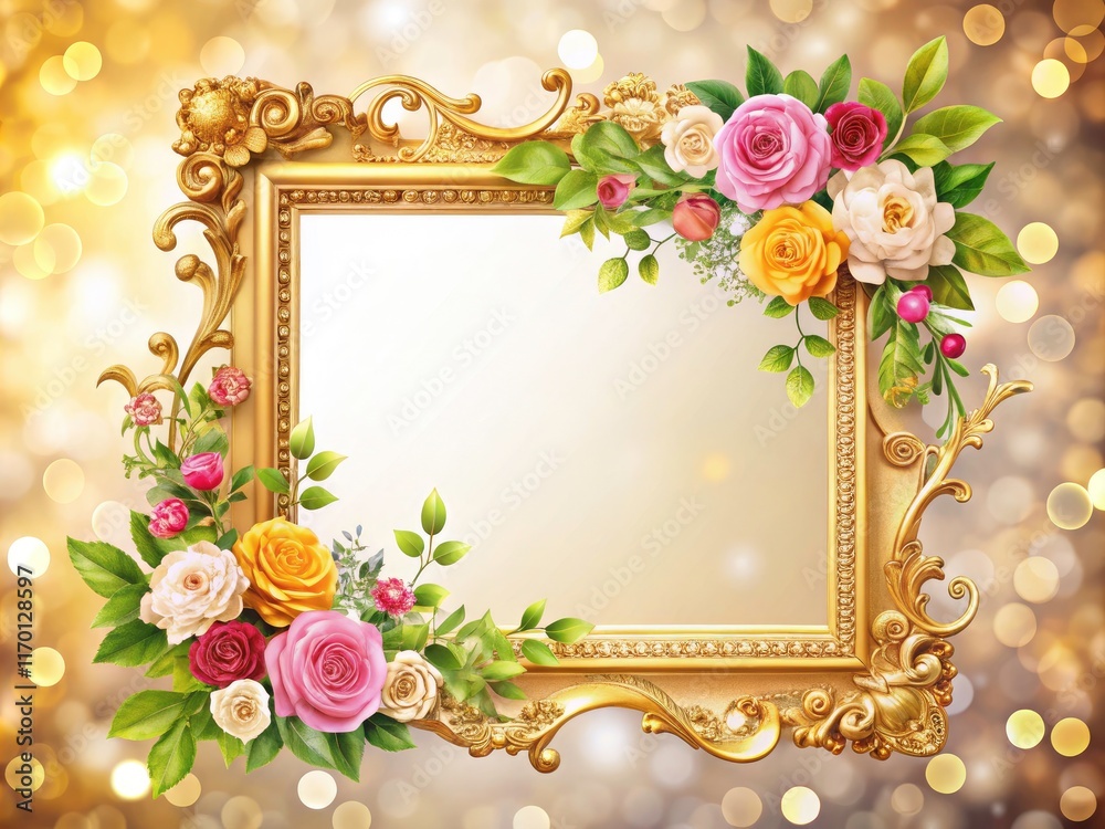 Naklejka premium Luxury gold floral frame mockup, ideal for elegant invitations or wedding announcements. Blank space awaits your creativity.