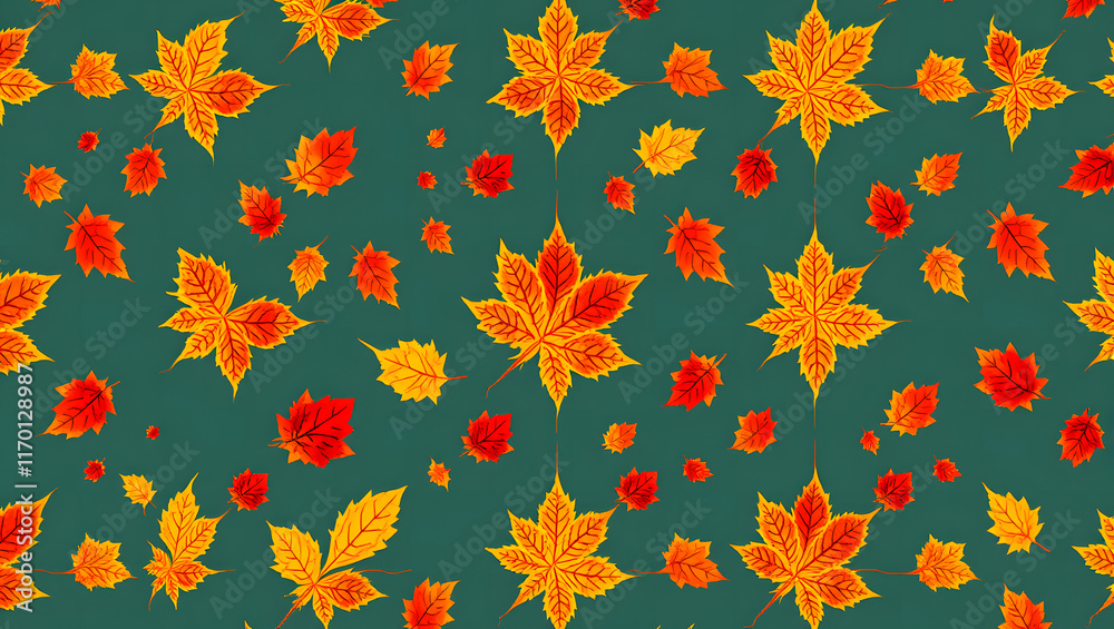 A repeating design of autumn leaves in shades of orange, yellow, and red A repeating design of autumn leaves in shades of orange, yellow, and red