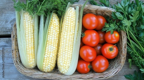 A vegetable basket arranged with sweet corn, carrots, and tomatoes, surrounded by loose herbs on a rustic kitchen counter.