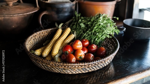 A vegetable basket arranged with sweet corn, carrots, and tomatoes, surrounded by loose herbs on a rustic kitchen counter.
