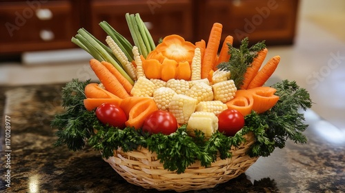 A vegetable basket arranged with sweet corn, carrots, and tomatoes, surrounded by loose herbs on a rustic kitchen counter.