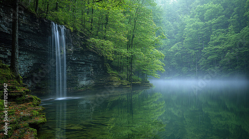 Misty waterfall cascading into serene forest pond.