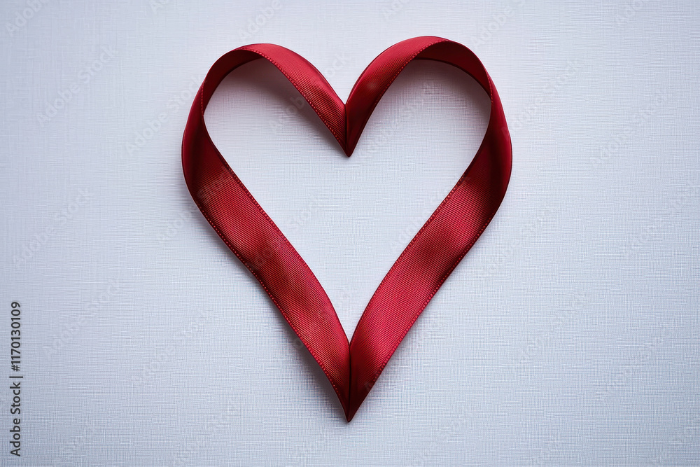 Red satin ribbon forming heart shape on white background