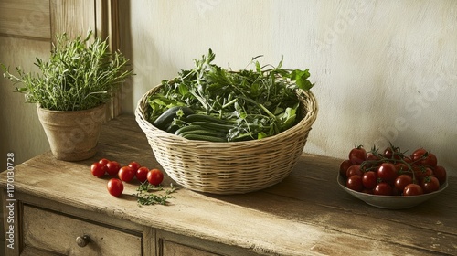 A vegetable basket surrounded by loose leafy greens, cherry tomatoes, and herbs, placed on a farmhouse-style wooden table.