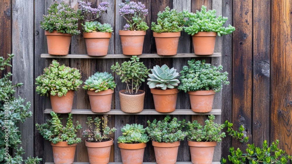 A vertical arrangement of Crassula plants in tiered pots, set against a wooden garden fence. A vertical arrangement of Crassula plants in tiered pots, set against a wooden garden fence.