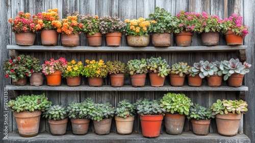 Wallpaper Mural A vertical arrangement of Crassula plants in tiered pots, set against a wooden garden fence. Torontodigital.ca