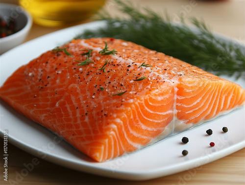 Food photography. A piece of salted red fish on a white plate, garnished with herbs. Photo for an online store or magazine article.