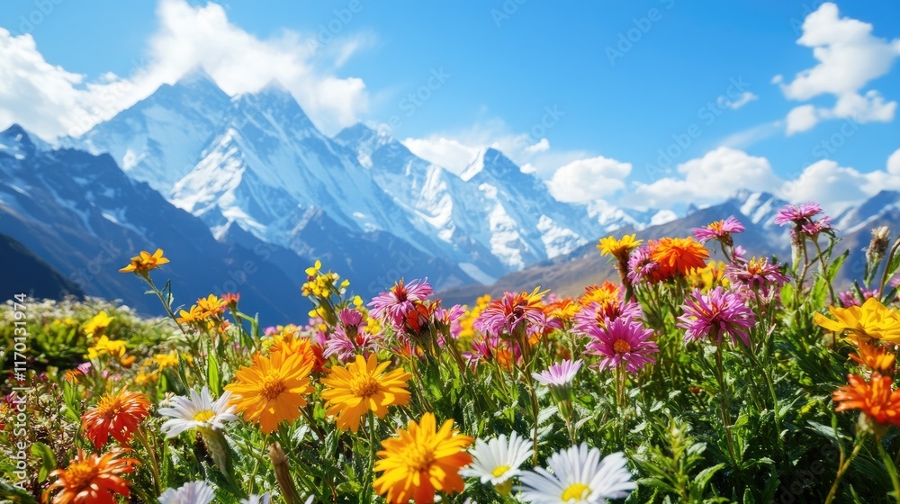 Obraz premium A vibrant springtime scene of Mount Everest, with colorful alpine flowers blooming in the foreground.