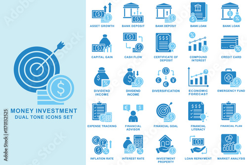 Money investment dual tone icons set. contain account balance, asset growth, debt payment, money, emergency fund and more. use for modern concept, UI, UX, web and app development. Vector EPS 10