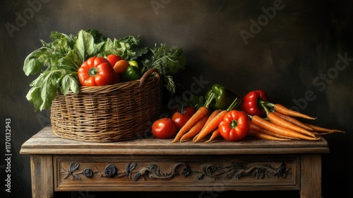 A wicker basket overflowing with fresh vegetables including carrots, tomatoes, bell peppers, and leafy greens, placed on a rustic wooden table.