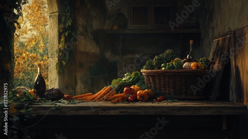 A wicker basket overflowing with fresh vegetables including carrots, tomatoes, bell peppers, and leafy greens, placed on a rustic wooden table.