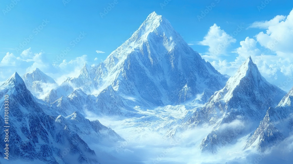 Obraz premium A winter vista of Mount Everest with icy winds blowing snow off its summit, creating a misty effect.