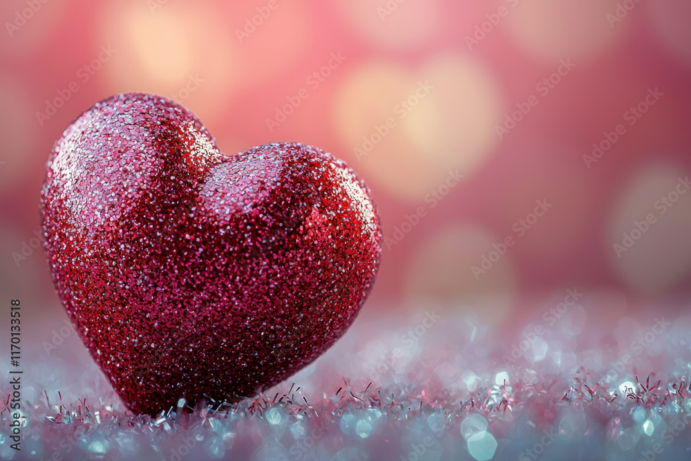Fototapeta premium Glittery red heart on sparkling surface with bokeh background.