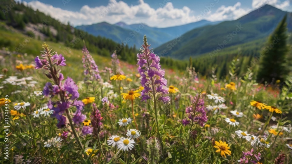 A serene mountain landscape with soft, blurred clouds in the background and a foreground of vibrant wildflowers. A serene mountain landscape with soft, blurred clouds in the background and a foreground of vibrant wildflowers.