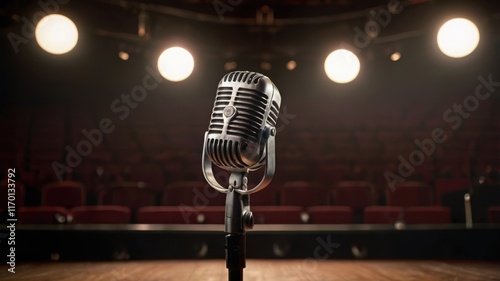 An empty stage with a single bright spotlight focused on a vintage microphone in the center.