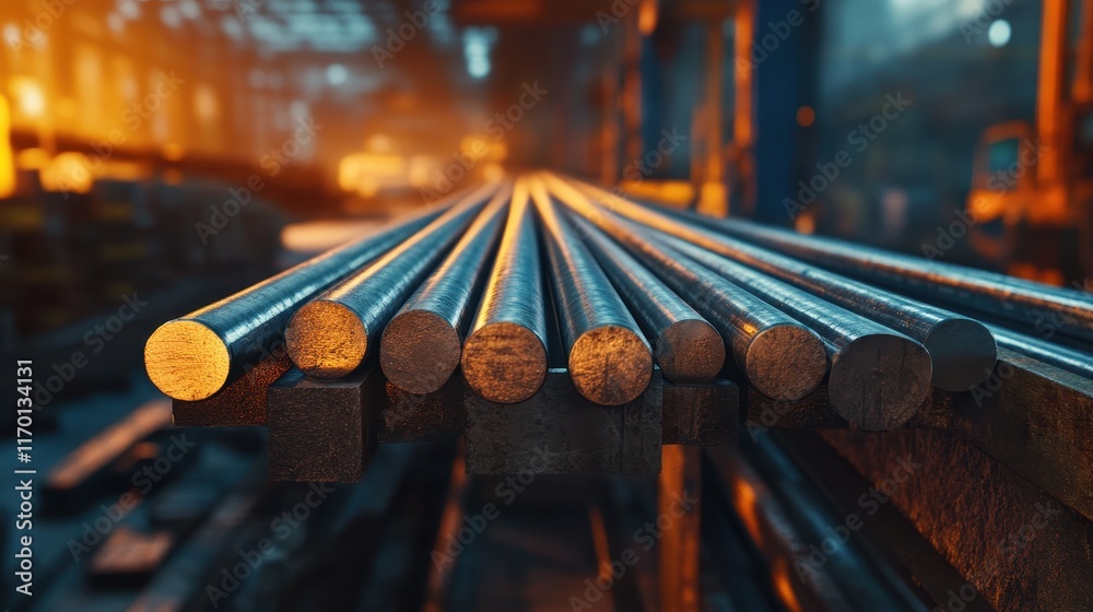 Naklejka premium Industrial Steel Rods in Factory Environment