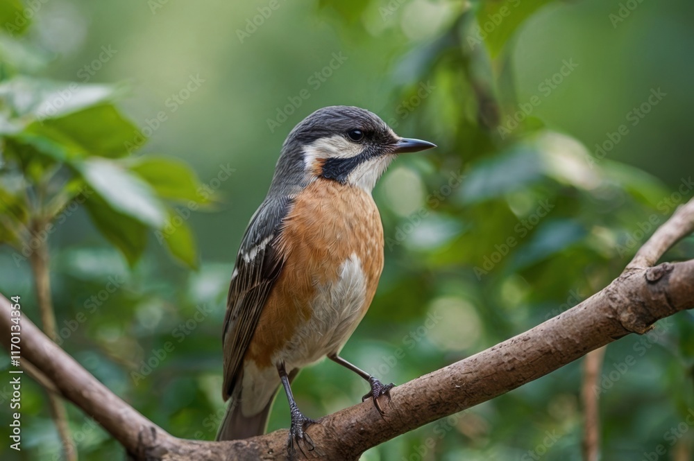 A bird perched on a branch in focus, set against a softly blurred background of leafy greenery.