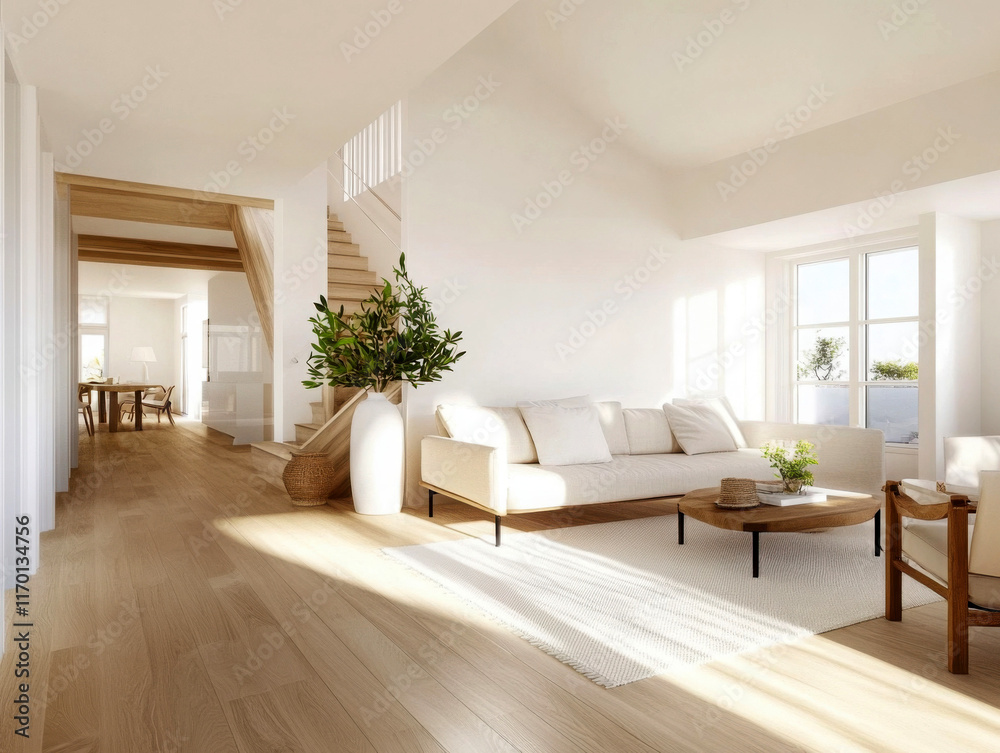 Fototapeta premium Spacious modern living room with bright, natural light.