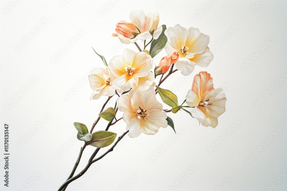 Obraz premium Painting of a flower with a white background. The painting is of a flower with a yellow center and green leaves. The painting has a serene