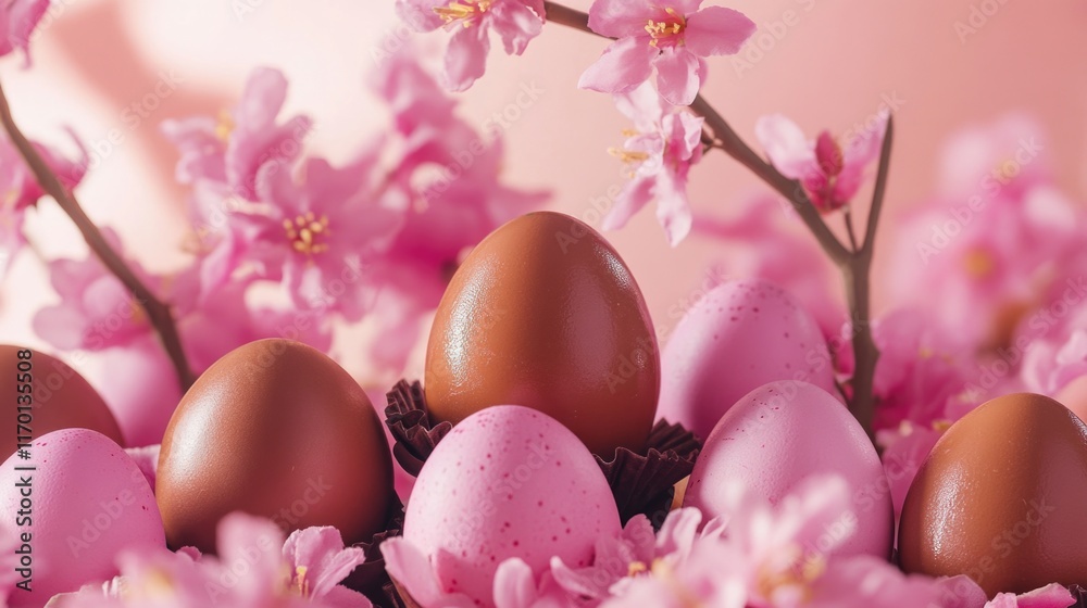 Bunch of eggs are sitting on top of pink flowers. The eggs are brown and pink, and they are arranged in a way that makes them look like they are nestled in the petals of the flowers Bunch of eggs are sitting on top of pink flowers. The eggs are brown and pink, and they are arranged in a way that makes them look like they are nestled in the petals of the flowers