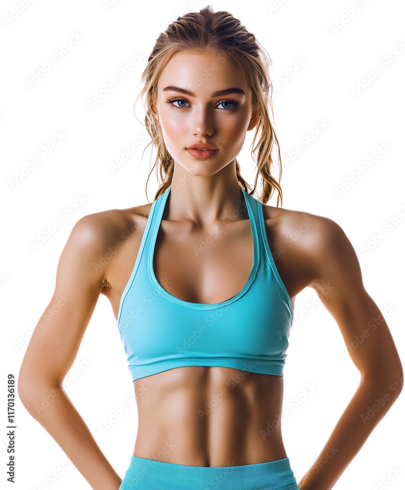 Fit and Focused Female Athlete in Turquoise Sports Bra Posing with Confidence and Determination Fit and Focused Female Athlete in Turquoise Sports Bra Posing with Confidence and Determination