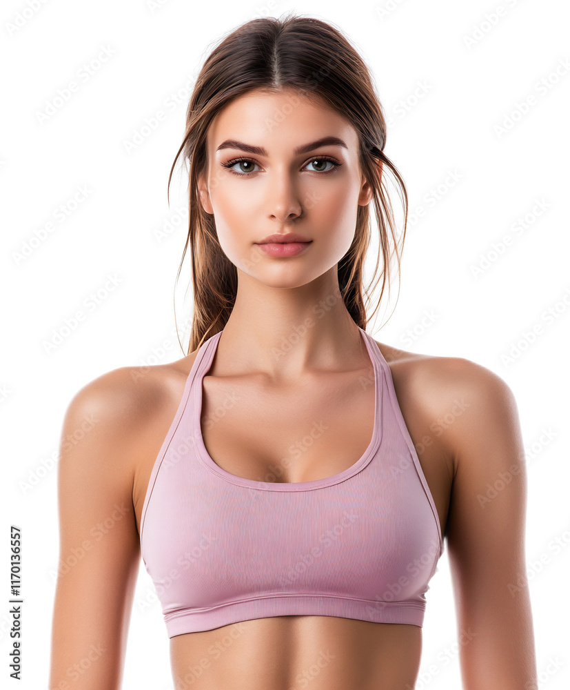 Confident and Empowered Young Sporty Woman in Pink Activewear Posing with Serious Expression Confident and Empowered Young Sporty Woman in Pink Activewear Posing with Serious Expression