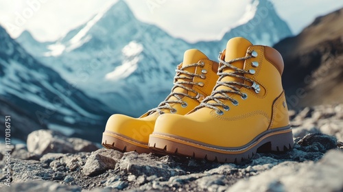 Pair of yellow hiking boots are on a rocky mountain. The boots are made by Timberland and are designed for outdoor activities. Concept of adventure and exploration, as the boots are meant for hiking