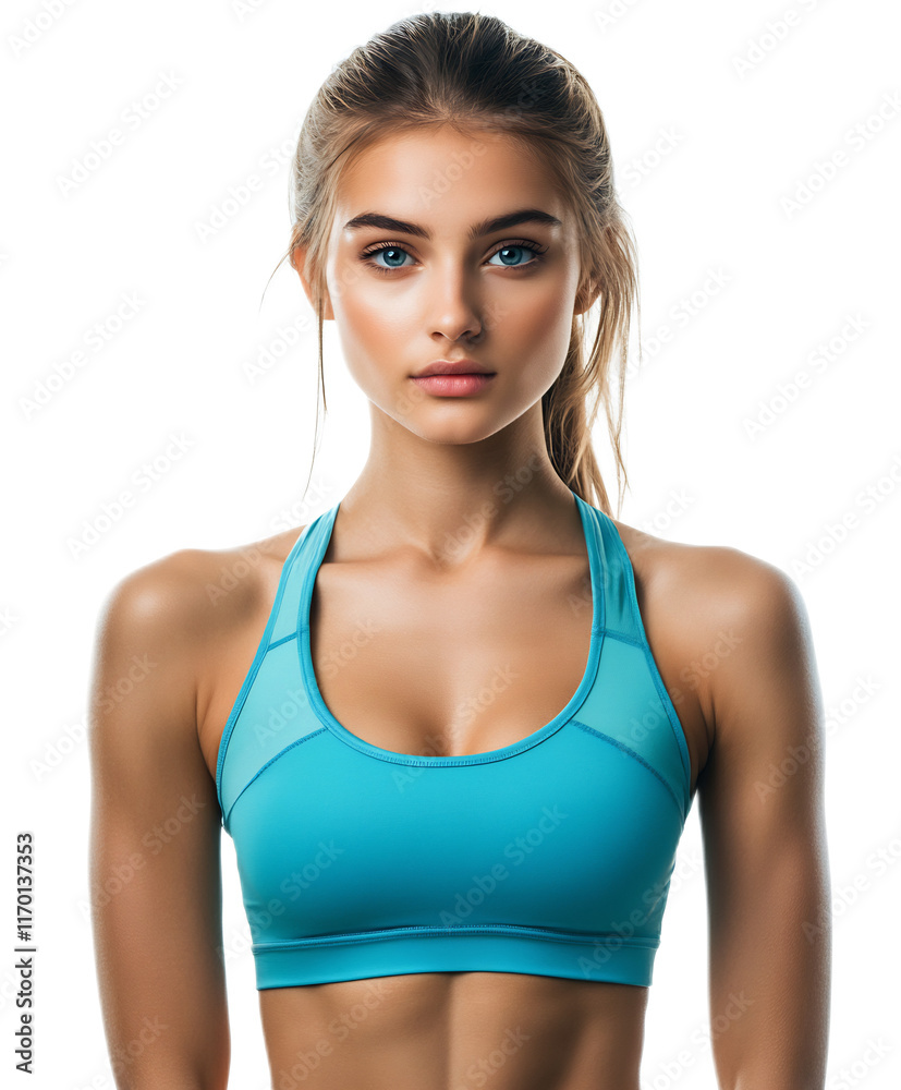 Beautiful Sporty Woman in Aqua Activewear Posing Confidently Against White Background Beautiful Sporty Woman in Aqua Activewear Posing Confidently Against White Background