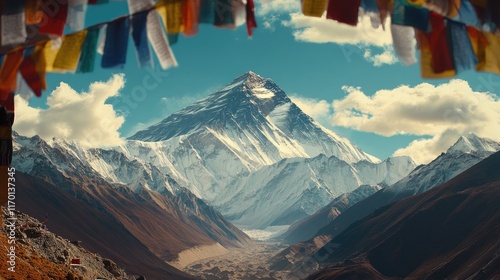 Mount Everest framed by prayer flags fluttering in the wind at a Himalayan monastery.