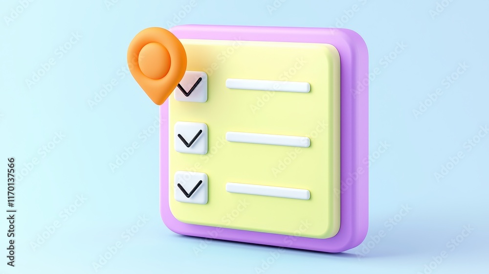 3D Render of Checklist App with Location Pin Task Management Planning Interface 3D Render of Checklist App with Location Pin Task Management Planning Interface