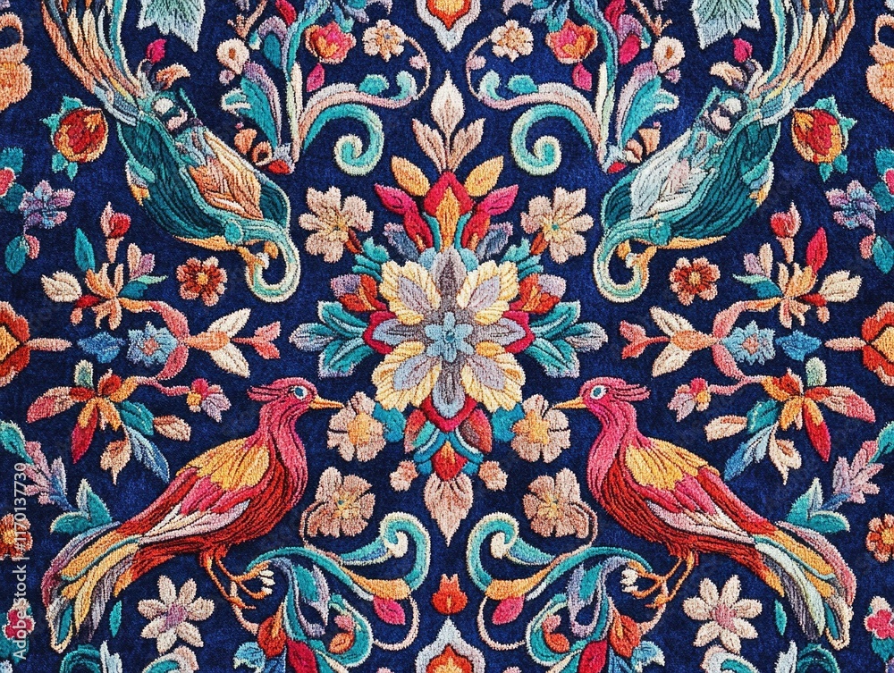 Fototapeta Colorful carpet with birds and flowers on it. The birds are red and the flowers are blue and yellow