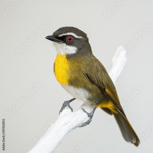 Yellow-breasted bird perched on branch, studio, nature background, wildlife illustration photo