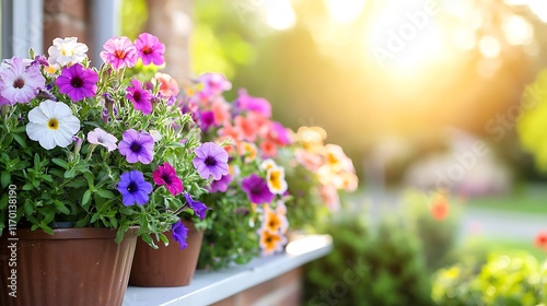 Wallpaper Mural Colorful petunias in terracotta pots on a windowsill, bathed in warm sunset light. Torontodigital.ca