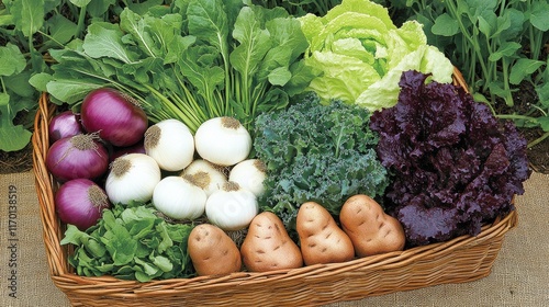 A basket of farm-fresh vegetables, including onions, garlic, lettuce, and sweet potatoes, placed on burlap fabric with scattered herbs.