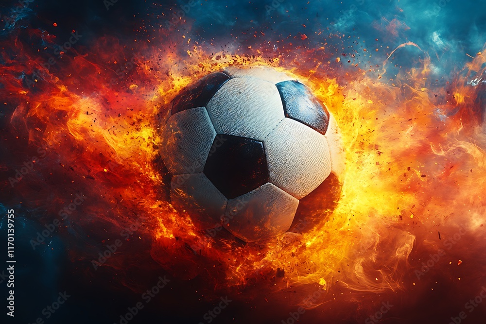Naklejka premium Black and white soccer ball in flames on Abstract background 