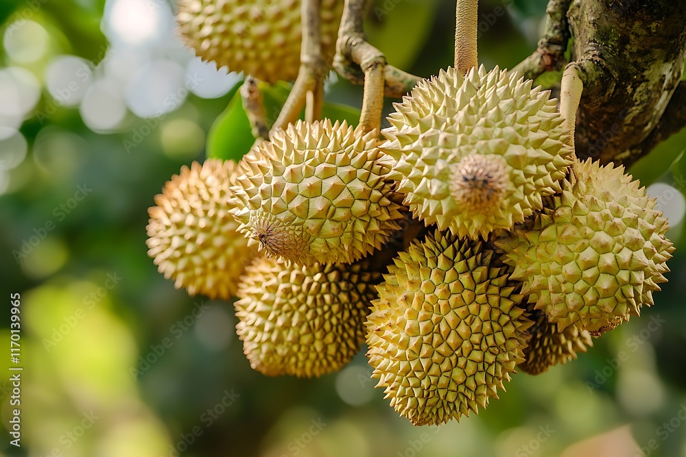 Close-up of ripe durian fruits hanging on a branch in an orchard, ready for harvest