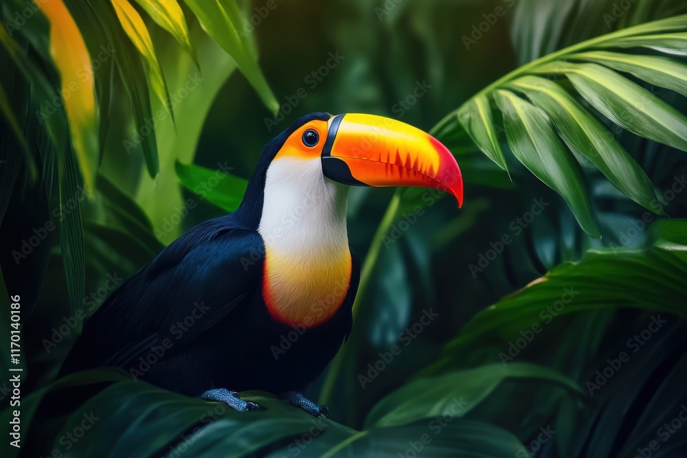 Fototapeta premium A colorful toucan perched in the rainforest, surrounded by vibrant leaves and natural textures
