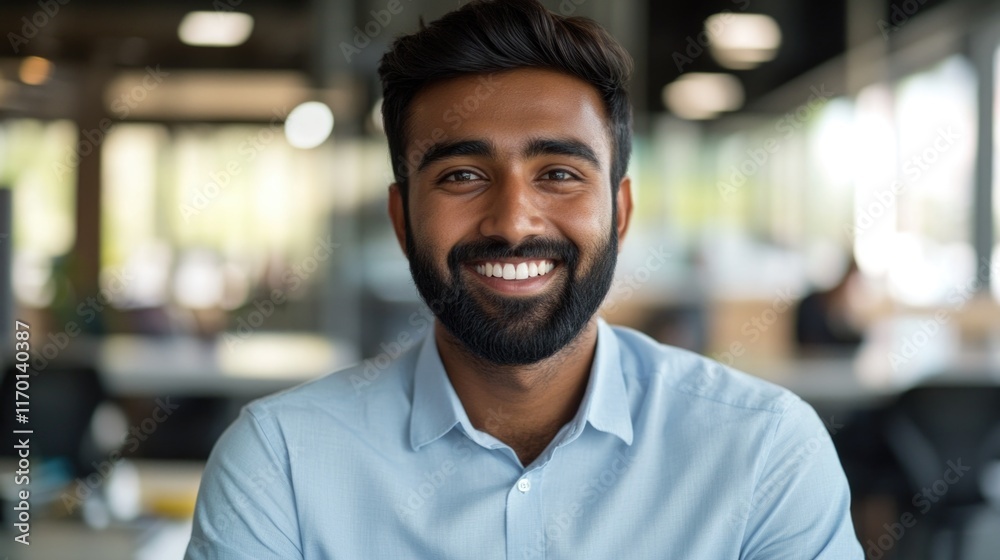 Obraz premium Man with a beard and a smile is smiling for the camera. He is wearing a blue shirt and a white shirt underneath