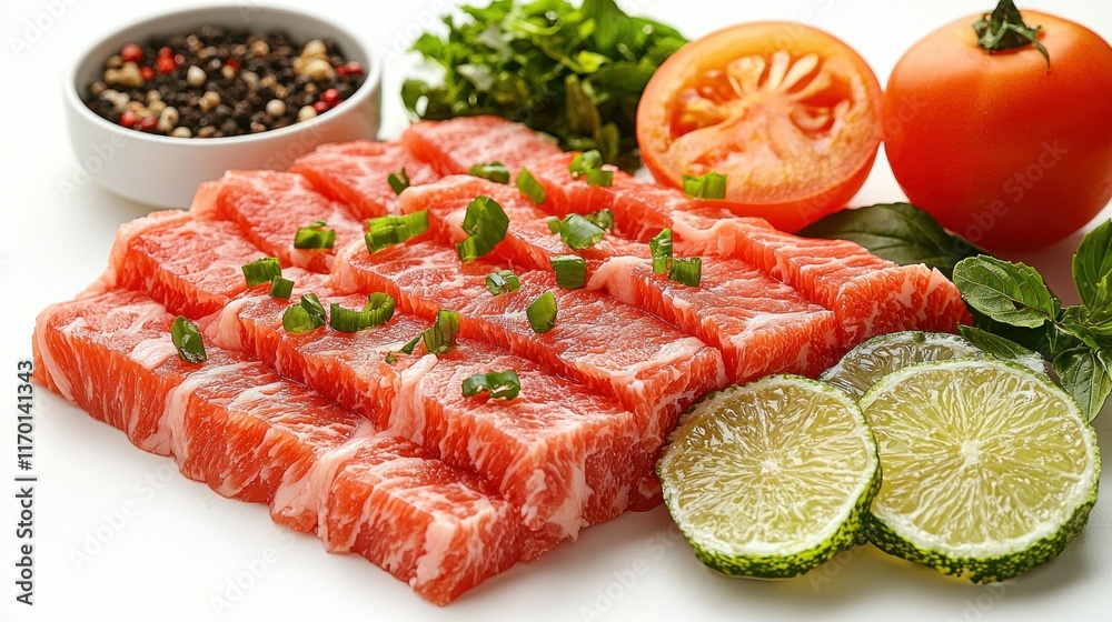 Fresh meat slices with vegetables and spices for cooking. Fresh meat slices with vegetables and spices for cooking.