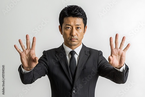 A man in a suit holds up his hands, signaling a pause or stop. photo