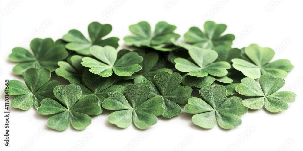 Obraz premium Bunch of green clovers are spread out on a white background. The clovers are arranged in a way that they look like they are forming a heart shape. Concept of happiness and positivity