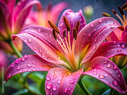 Pink lily petals, glistening with rain, create a stunning architectural floral photograph.
