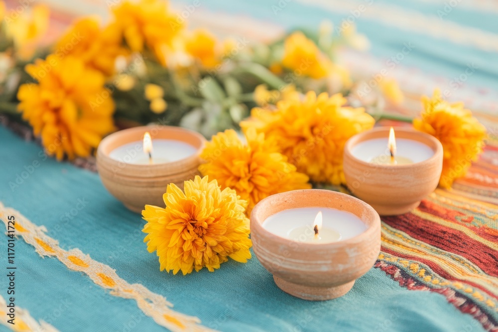 Vibrant Spring Altar with Flowers and Candles in Cultural Celebration Vibrant Spring Altar with Flowers and Candles in Cultural Celebration
