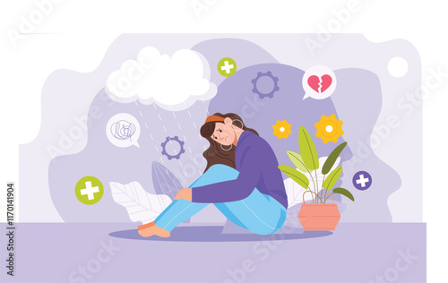 A thoughtful illustration of a person sitting calmly in a peaceful environment, practicing mindfulness or meditation, with visual symbols of stress and emotional challenges being overcome.