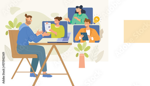 Webinar_asg_01An engaging illustration of an interactive webinar with attendees participating through video calls, sharing screens, and engaging in discussions, highlighting online learning and busine