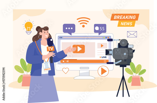 A professional illustration of a news anchor in front of a live streaming setup, with a backdrop of dynamic graphics and a microphone, conveying real-time news delivery on online platforms.