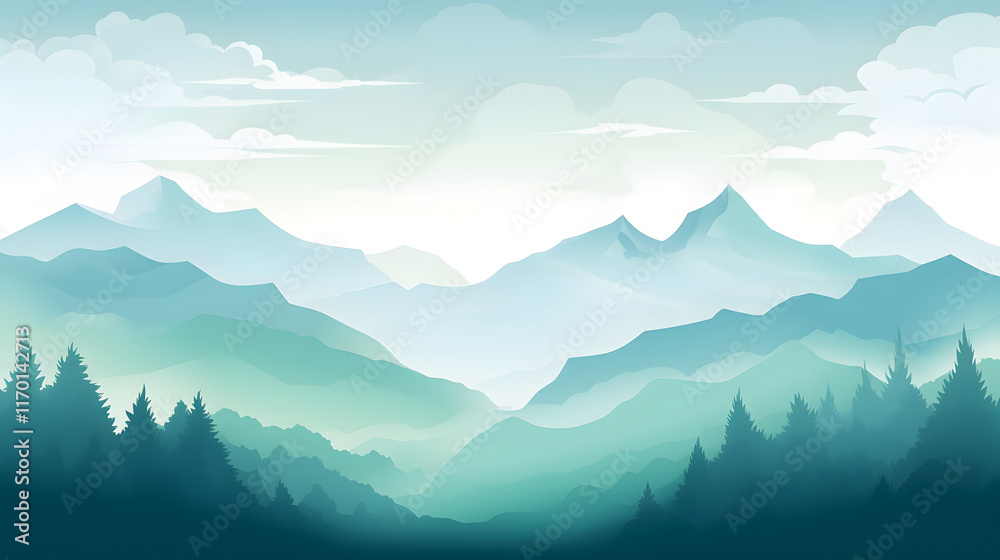 Naklejka premium digital green and blue forested landscape with mountains graphics poster background