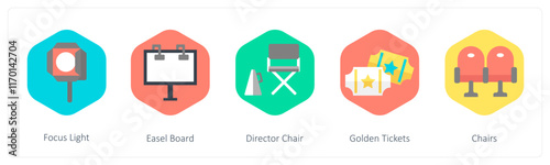 A set of 5 mix icons as focus light, easel board, director chair
