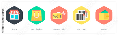 A set of 5 mix icons as store, shopping bag, discount offer