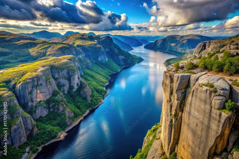 Fototapeta premium Preikestolen: A mesmerizing aerial drone shot slowly unveils the iconic fjord cliff.